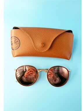 Rayban Folding Round Frame Rose Gold Sunglasses with Case